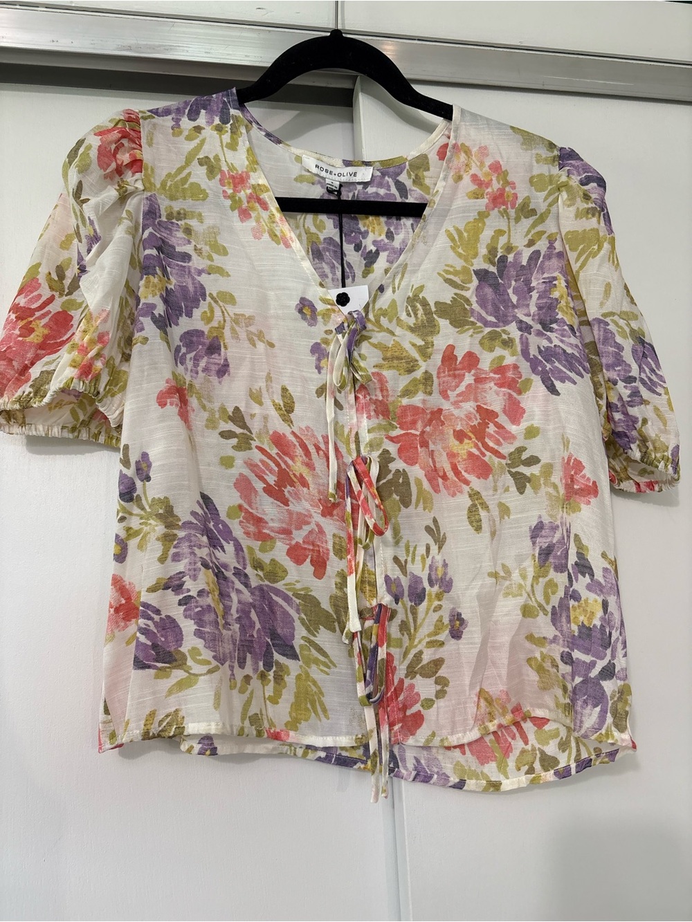 NWT Rose + Olive size small white, purple, red floral blouse